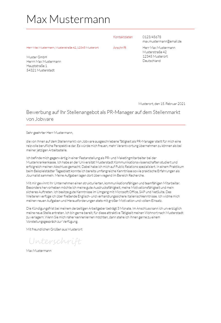 Anschreiben Pr-Manager erstellen